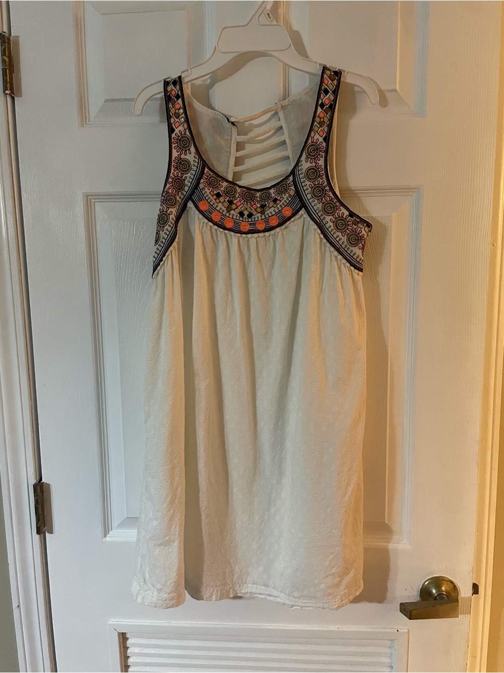 Anthropologie Ivory Mini Dress with Multicolor Embroidered Yoke
